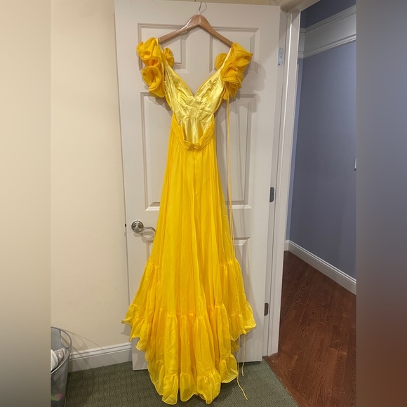 Ruffle Shoulder Lace Up Gown in Sunshine from Mac Duggal - Picture 5 of 5